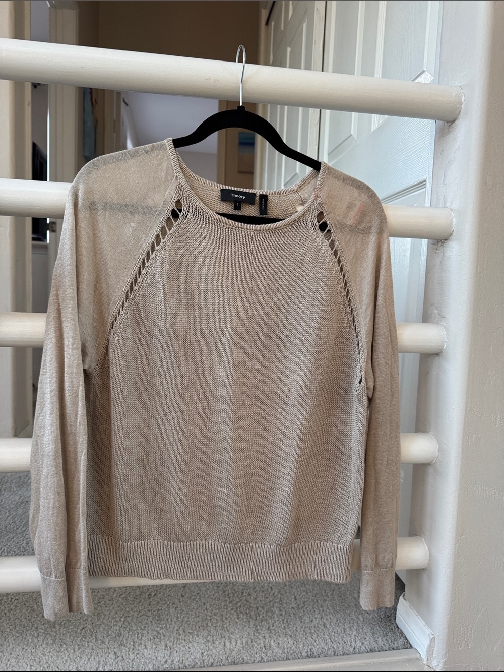 Theory Beige Open-Stitch Lightweight Crew Sweater